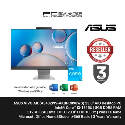 ASUS VIVO AIO(A3402WV-AKBPC098WS) i3-1315U, 8GB DDR5, 512GB SSD, Intel® UHD ,23.8" FHD, Win11H, OfficeHNS24+365 Basic, 3 Years Warranty [ TNG RM 80 ]