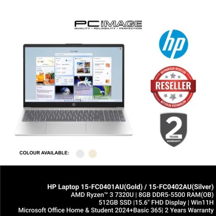 HP 15-fc0401AU/15-fc0402AU 15.6" FHD Laptop ( Ryzen 3 7320U, 8GB OB RAM, 512GB SSD, ATI, W11, HS+M365 )