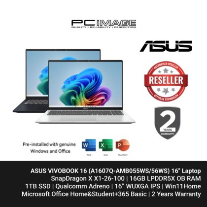 ASUS VIVOBOOK 16 (A1607Q-AMB055WS/56WS) SD X1-26-100, 16GB LPDDR5X, 1TB SSD, Adreno, 16" WUXGA 60HZ, Win11, OfficeHNS 24+365 Basic, 2 Years Warranty + FREE TNG