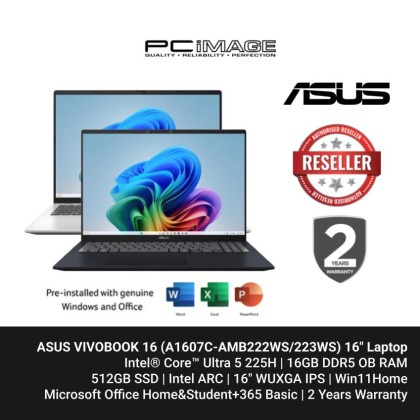 ASUS VIVOBOOK 16 (A1607C-AMB222WS/AMB223WS) U5-225H, 16GB DDR5, 512GB SSD, Intel, 16" WUXGA 60HZ, Win11, OfficeHNS24+365 BASIC, 2 Years Warranty - Cool Silver ASUS VIVOBOOK 16 (A1607C-AMB222WS/AMB223WS) U5-225H, 16GB DDR5, 512GB SSD, Intel, 16" WUXGA 60HZ, Win11, OfficeHNS24+365 BASIC, 2 Years Warranty - Cool Silver