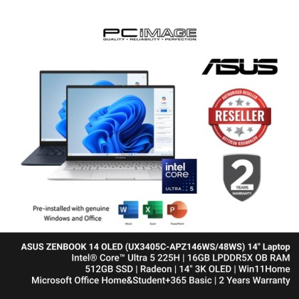ASUS ZENBOOK 14 OLED (UX3405C-APZ146WS/48WS) U5-225H, 16GB LPDDR5X, 512GB SSD, Intel ARC, 14" 3.2K OLED 120HZ, Win11H, OfficeHNS24+365 Basic, 2 Years Warranty ASUS ZENBOOK 14 OLED (UX3405C-APZ146WS/48WS) U5-225H, 16GB LPDDR5X, 512GB SSD, Intel ARC, 14" 3.2K OLED 120HZ, Win11H, OfficeHNS24+365 Basic, 2 Years Warranty