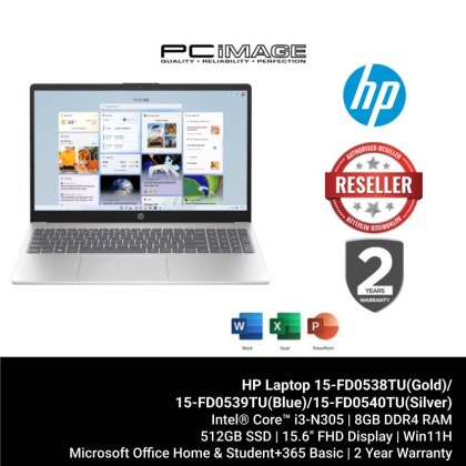 HP 15-FD0538TU/15-FD0539TU/15-FD0540TU WARM GOLD/MOONLIGHT BLUE/NATURAL SILVER (I3-N305/8GB DDR4-3200/512GB PCIE/UHD/15.6" FHD/W11H/MS24+365 BASIC/2YW)