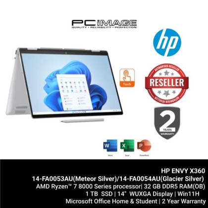 HP ENVY X360 14-FA0053AU/14-FA0054AU LAPTOP METEOR SILVER / GLACIER SILVER  (R7-8840HS/32GB DDR5 OB/1TB PCIE GEN4/AMD RADEON INTEGRATED/14" 2.8K UWVA OLED TOUCH/W11H/HNS/2YW) + FREE RM50 TNG