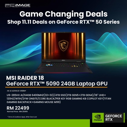 MSI Raider 18 HX AI A2XWJG-068MY 18" Gaming Laptop Core Black (U9-285HX AI, 64GB 6400Mhz, 4TB SSD, GeForce RTX5090 24GB, 18" UHD+ 120Hz, Win11H, 2YW)