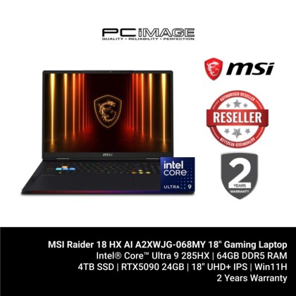 MSI Raider 18 HX AI A2XWJG-068MY 18" Gaming Laptop Core Black (U9-285HX AI, 64GB 6400Mhz, 4TB SSD, GeForce RTX5090 24GB, 18" UHD+ 120Hz, Win11H, 2YW)