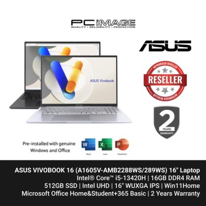ASUS VIVOBOOK 16 (A1605V-AMB2288WS/289WS) i5-13420H, 16GB DDR4, 512GB SSD, Intel UHD, 16" WUXGA 60HZ, Win11H, OfficeHNS24+365 Basic, 2 Years Warranty