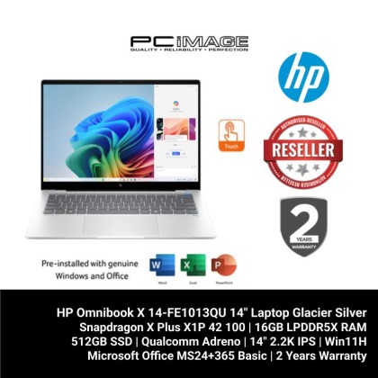 HP Omnibook X 14-FE1013QU 14" Laptop Glacier Silver (SD X1P-42-100, 16GB DDR5, 512GB SSD, Adreno, Win11H, OfficeMS24+365 Basic, 2YW) HP Omnibook X 14-FE1013QU 14" Laptop Glacier Silver (SD X1P-42-100, 16GB DDR5, 512GB SSD, Adreno, Win11H, OfficeMS24+365 Basic, 2YW)