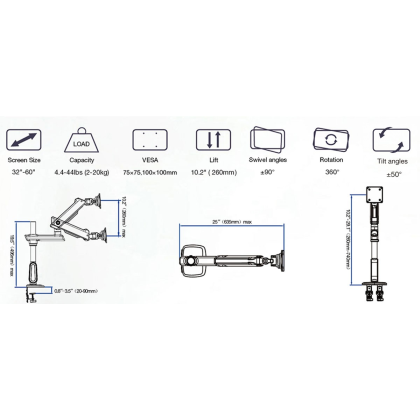 NB NORTH BAYOU G80 LED RGB MONITOR ARM GAS-STRUT FLEXI MOUNT 360 DEGREE ROTATABLE FOR 32" - 60", UP TO 20KG