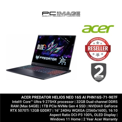 ACER Predator Helios Neo 16S AI 16" Gaming Laptop Black (PHN16S-71-907F) U9 275HX, 32GB DDR5, 1TB SSD, GeForce RTX5070TI 12GB, 16" WQXGA 240HZ OLED, Win11H, 2YW + FREE RM200 TNG