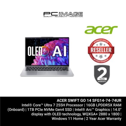 ACER SWIFT GO 14 SFG14-74-74UR CORE™ ULTRA 7 PROCESSOR 255H/16GB ONBOARD LPDDR5X/1TB PCIE NVME G4 SSD/INTEL ARC GRAPHICS/14" WQXGA+OLED ACER SWIFT GO 14 SFG14-74-74UR CORE™ ULTRA 7 PROCESSOR 255H/16GB ONBOARD LPDDR5X/1TB PCIE NVME G4 SSD/INTEL ARC GRAPHICS/14" WQXGA+OLED