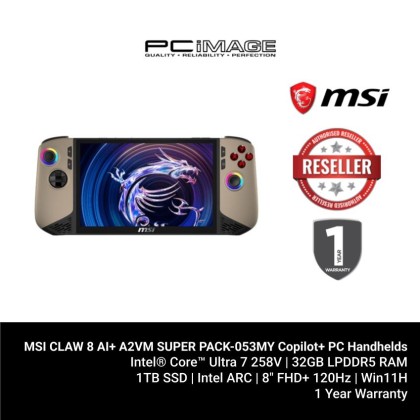 MSI CLAW 8 AI+ A2VM SUPER PACK-053MY Copilot+ PC Handhelds Sandstorm (U7-258V, 32GB LPDDR5, 1TB SSD, Intel Arc, 8" FHD 120HZ, Win11H, 1YW) + BUNDLE