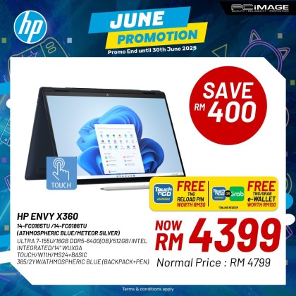 HP ENVY X360 14-FC0185TU/14-FC0186TU ULTRA 7-155U/16GB DDR5-6400(OB)/512GB/INTEL INTEGRATED/14" WUXGA TOUCH/W11H/MS24+BASIC 365/2YW/ATHMOSPHERIC BLUE/METEOR SILVER (BACKPACK+PEN)