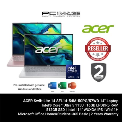 ACER Swift Lite 14 SFL14-54M-50PG/57WD 14" Laptop (U5-115U, 16GB LPDDR5/512GB SSD, Intel Graphics, 14" WUXGA IPS, Win11H, OfficeHNS24+M365 Basic, 2YW) ACER Swift Lite 14 SFL14-54M-50PG/57WD 14" Laptop (U5-115U, 16GB LPDDR5/512GB SSD, Intel Graphics, 14" WUXGA IPS, Win11H, OfficeHNS24+M365 Basic, 2YW)