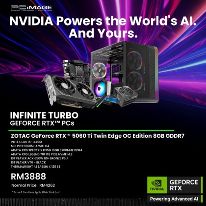 INFINITE TURBO GEFORCE RTX™ PCs - INTEL CORE I5-14400F/ ZOTAC GeForce RTX™ 5060 Ti Twin Edge OC/ MSI PRO B760M-A WIFI D4/ 16GB RAM/ 1TB NVME SSD/ 1ST PLAYER ACK 650W 80+BRONZE PSU/ 1ST PLAYER VT6 - BLACK / THERMALRIGHT ASSASSIN X 120 SE