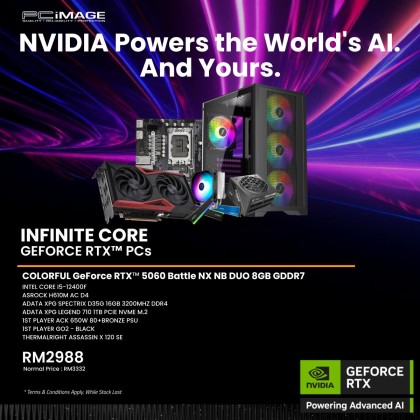 INFINITE CORE GEFORCE RTX™ PCs - INTEL CORE I5-12400F/ COLORFUL GeForce RTX™ 5060 Battle NX NB DUO 8GB/ ASROCK H610M AC D4/ 16GB RAM/ 1TB NVME SSD/ 1ST PLAYER ACK 650W 80+BRONZE PSU/ 1ST PLAYER GO2 - BLACK/ THERMALRIGHT ASSASSIN X 120 SE