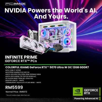 INFINITE PRIME GEFORCE RTX™ PCs - INTEL CORE I7-14700F/ COLORFUL IGAME GeForce RTX™ 5070 Ultra W OC 12GB/ MSI B760M GAMING PLUS WIFI/ 16GB RAM/ 1TB NVME SSD/ 1ST PLAYER NGDP 750W 80+ PSU/ SEGOTEP LUMI 3T/ THERMALRIGHT AQUA ELITE V3 240 ARGB