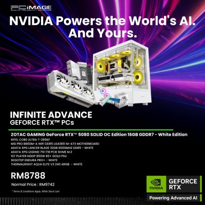 INFINITE ADVANCE GEFORCE RTX™ PCs - INTEL CORE ULTRA 7-265KF/ ZOTAC GAMING GeForce RTX™ 5080 SOLID OC 16GB/ MSI PRO B860M-A WIFI DDR5/ 32GB RAM/ 1TB NVME SSD/ 1ST PLAYER NGDP 850W 80+PSU/ SEGOTEP ENDURA PRO+/ THERMALRIGHT AQUA ELITE V3 240 ARGB