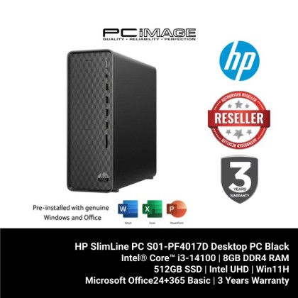 HP SlimLine PC S01-PF4017D Desktop PC Black (i3-14100, 8GB RAM, 512GB SSD, Intel, Win11H, OfficeMS24+365 Basic, 3YW)