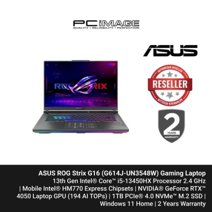 ASUS ROG STRIX G16 (G614J-UN3548W) i5-13450HX, 16GB DDR55, 1TB SSD, GeForce RTX4050 6GB, 16" FHD 165Hz, Win11, 2YW, Eclipse Grey + FREE RM150 TNG ASUS ROG STRIX G16 (G614J-UN3548W) i5-13450HX, 16GB DDR55, 1TB SSD, GeForce RTX4050 6GB, 16" FHD 165Hz, Win11, 2YW, Eclipse Grey + FREE RM150 TNG