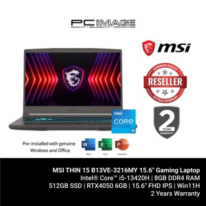 MSI THIN 15 B13VE-3216MY 15.6" Gaming Laptop (i5-13420H, 8GB DDR4, 512GB SSD, RTX4050 6GB, 15.6" FHD 144Hz, Win11H, OfficeHome24, 2YW)