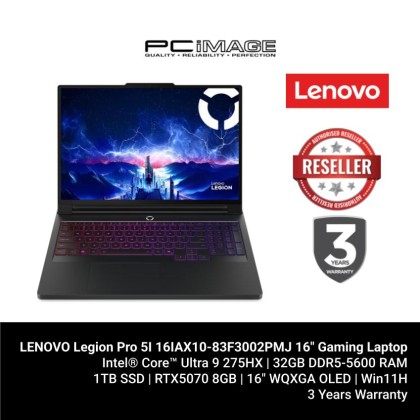 LENOVO Legion Pro 5I 16IAX10-83F3002PMJ 16" Gaming Laptop Eclipse Black (U9-275HX, 32GB DDR5, 1TB SSD, GeForce RTX5070 8GB, 16" WQXGA OLED, Win11H, 2YW) LENOVO Legion Pro 5I 16IAX10-83F3002PMJ 16" Gaming Laptop Eclipse Black (U9-275HX, 32GB DDR5, 1TB SSD, GeForce RTX5070 8GB, 16" WQXGA OLED, Win11H, 2YW)