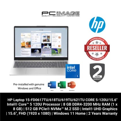 HP 15-FD0617TU/18TU/19TU/21TU 15.6" Laptop (C5-120U, 8GB RAM, 512GB SSD, Intel UHD, 15.6" FHD, Win11H, Office24+365 Basic, 2YW)