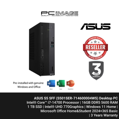 ASUS S5 SFF S501SER-714700004WS I7-14700/16GB D5-5600(EXTRA SLOT)/1TB 4.0/330W/UHD GRAPHICS 770/W11H/HNS24+365BASIC/3Y ONSITE SERVICE/EXTREME DARK GRAY [ TNG RM100 ]