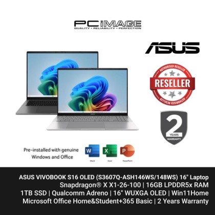 ASUS VIVOBOOK S16 OLED (S3607Q-ASH146WS/148WS) SD X1-26-100, 16GB LPDDR5, 1TB SSD, Qualcoom Adreno, 16" WUXGA 60HZ, Win11H, OfficeHNS24+365Basic, 2YW