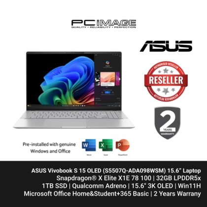 ASUS Vivobook S 15 OLED (S5507Q-ADA098WSM) SD X Elite X1E 78 100, 32GB LPDDR5X, 1TB SSD, Qualcomm Hexagon, 15.6" 3K OLED, Win11H , OfficeHNS24+365Basic, 2YW