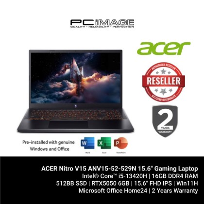 ACER Nitro V15 ANV15-52-529N 15.6" Gaming Laptop Black (i5-13420H, 16GB DDR4, 512GB SSD, RTX5050 6GB, 15.6" FHD 180HZ, Win11H, OfficeHome24, 2YW)