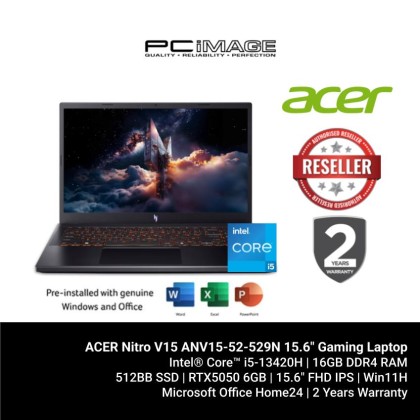 ACER Nitro V15 ANV15-52-529N GeForce RTX™ 5050 6GB 15.6" Gaming Laptop Black (i5-13420H, 16GB DDR4, 512GB SSD, GeForce RTX5050 6GB, 15.6" FHD 180HZ, Win11H, OfficeHome24, 2YW)
