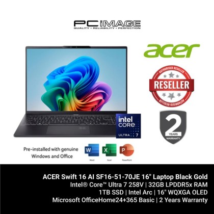 ACER Swift 16 AI SF16-51-70JE 16" Laptop Black Gold (U7 2 258V, 32GB LPDDR5X, 1TB SSD, Intel Arc, 16" WQXGA OLED, Win11H, OfficeHNS24+M365, 2YW)