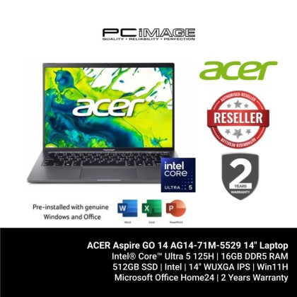 ACER Aspire GO 14 AG14-71M-5529 14" Laptop Steel Grey (U5-125H, 16GB DDR5, 512GB SSD, Intel, 14" WUXGA IPS, Win11H, OfficeHome24, 2YW)