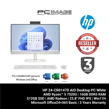 HP 24-CR0147D AIO Desktop PC White (R5-7520U, 16GB LPDDR5, 512GB SSD, Radeon, 23.8" IPS, Win11H, OfficeHNS24+365 Basic, 3YW)
