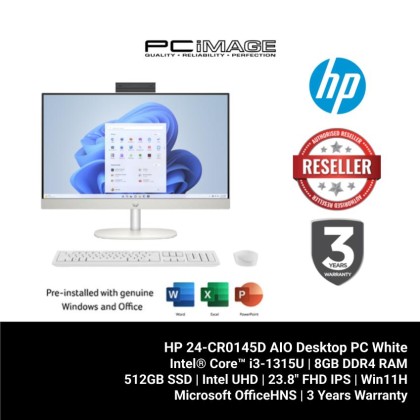 HP 24-CR0145D AIO Desktop PC White (i3-1315U, 8GB DDR4, 512GB SSD, Intel, 23.8" FHD IPS, Win11H, OfficeHNS, 3YW)