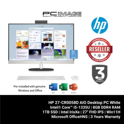 HP 27-CR0058D AIO Desktop PC White (i5-1335U, 8GB DDR4, 1TB SSD, Intel IrisXe, 27" FHD Touch, Win11H, OfficeHNS, 3YW)