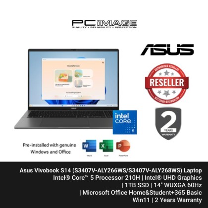 Asus Vivobook S14 (S3407V-ALY266WS/S3407V-ALY268WS) C5-210H/16G/1T/WUXGA IPS/Micorsoft Office Home 2024 + M365 Basic Laptop
