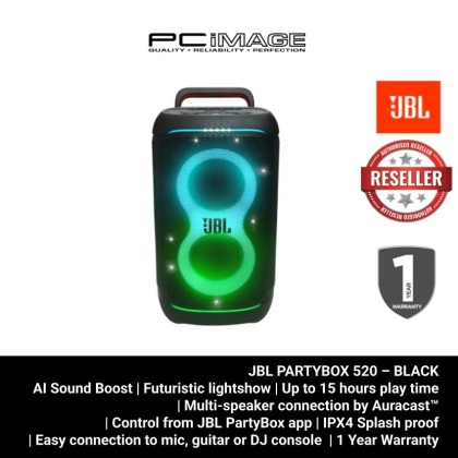 JBL PARTYBOX 520 – BLACK | 400W AI SOUND BOOST | 15H PLAYTIME | REPLACEABLE BATTERY | IPX4 SPLASHPROOF | BT5.4 & AURACAST | MIC & GUITAR INPUTS | 1YW