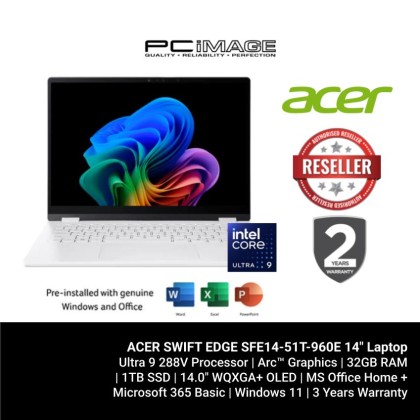 ACER SWIFT EDGE 14 AI SFE14-51T-960E/CORE ULTRA 9 288V/32GB D5(OB)/1TB G4/ARC/14" WQXGA+OLED TOUCH/W11H/HOME24/2YW(1STYITW)/BACKLIT/PEARL WHITE+LUXURY GOLD
