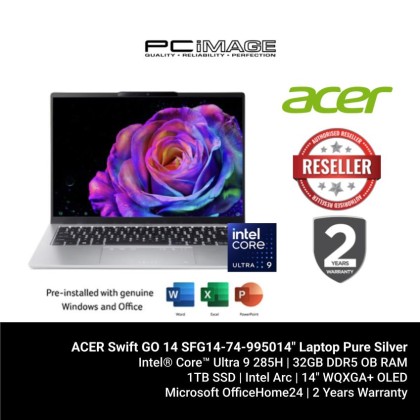 ACER Swift GO 14 SFG14-74-9950 14" Laptop Pure Silver (U9-285H, 32GB DDR5, 1TB SSD, Intel Arc, 14" WQXGA+ OLED, Win11H, OfficeHome24, 2YW) + FREE RM150 TNG