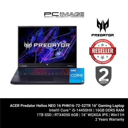 ACER Predator Helios NEO 16 PHN16-72-52TR 16" Gaming Laptop Black (i5-14450HX, 16GB DDR5, 1TB SSD, GeForce RTX4050 6GB, 16" WQXGA 165HZ, Win11H, 2YW) + FREE RM150 TNG