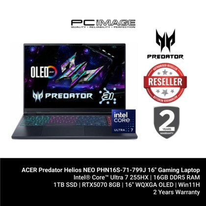 ACER Predator Helios NEO PHN16S-71-799J 16" Gaming Laptop Black (U7 255HX, 16GB DDR5, 1TB SSD, GeForce RTX5070 8GB, 16" WQXGA 240HZ OLED, Win11H, 2YW) + FREE RM200 TNG