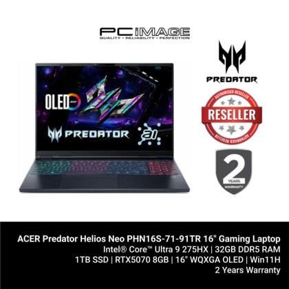 ACER Predator Helios Neo PHN16S-71-91TR 16" Gaming Laptop Black (U9-275HX, 32GB DDR5, 1TB SSD, GeForce RTX5070 8GB, 16" WQXGA 240HZ OLED, Win11H, 2YW) + FREE RM200 TNG ACER Predator Helios Neo PHN16S-71-91TR 16" Gaming Laptop Black (U9-275HX, 32GB DDR5, 1TB SSD, GeForce RTX5070 8GB, 16" WQXGA 240HZ OLED, Win11H, 2YW) + FREE RM200 TNG