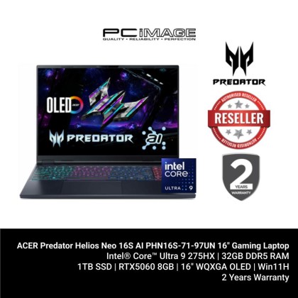 ACER Predator Helios Neo 16S AI PHN16S-71-97UN 16" Gaming Laptop Black (U9-275HX, 32GB DDR5, 1TB SSD, GeForce RTX5060 8GB, 16" OLED 250HZ, Win11H, 2YW) ACER Predator Helios Neo 16S AI PHN16S-71-97UN 16" Gaming Laptop Black (U9-275HX, 32GB DDR5, 1TB SSD, GeForce RTX5060 8GB, 16" OLED 250HZ, Win11H, 2YW)
