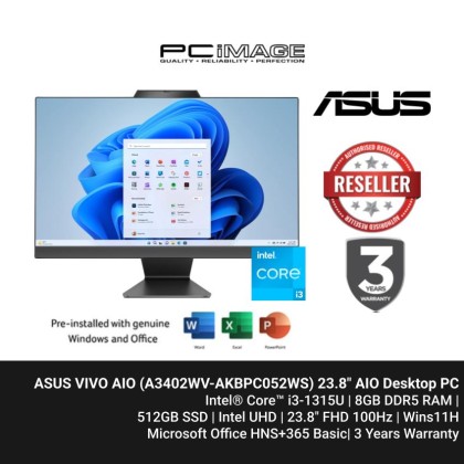 ASUS VIVO AIO (A3402WV-AKBPC052WS) i3-1315U, 8GB DDR5, 512GB SS, Intel UHD, 23.8" FHD 100Hz, Win11H, OfficeHNS21+365Basic, 3YW, Black) ASUS VIVO AIO (A3402WV-AKBPC052WS) i3-1315U, 8GB DDR5, 512GB SS, Intel UHD, 23.8" FHD 100Hz, Win11H, OfficeHNS21+365Basic, 3YW, Black)