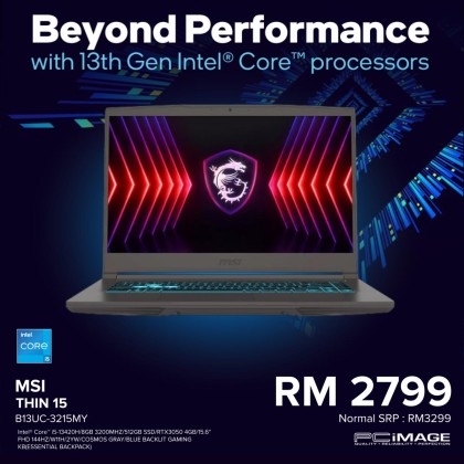 MSI Thin 15 B13UC-3215MY 15.6" Gaming Laptop Cosmos Grey (i5-13420H, 8GB 3200Mhz, 512GB SSD, RTX3050 4GB, 15.6" FHD 144Hz, Win11H, 2YW) MSI Thin 15 B13UC-3215MY 15.6" Gaming Laptop Cosmos Grey (i5-13420H, 8GB 3200Mhz, 512GB SSD, RTX3050 4GB, 15.6" FHD 144Hz, Win11H, 2YW)