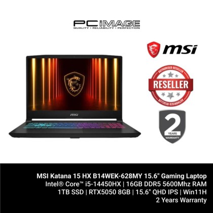 MSI Katana 15 HX B14WEK-628MY 15.6" Gaming Laptop Black (i5-14450HX, 16GB 5600Mhz, 1TB SSD, RTX5050 8GB, 15.6" QHD 165Hz, Win11H, 2YW)