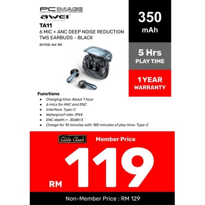 AWEI TA11 6 MIC + ANC DEEP NOISE REDUCTION TWS EARBUDS - BLACK