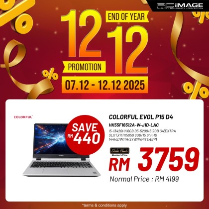COLORFUL EVOL P15 D4 I5-13420H/16GB D5-5200/512GB G4(EXTRA SLOT)/RTX5050 8GB/15.6" FHD 144HZ/W11H/2Y Gaming Laptop COLORFUL EVOL P15 D4 I5-13420H/16GB D5-5200/512GB G4(EXTRA SLOT)/RTX5050 8GB/15.6" FHD 144HZ/W11H/2Y Gaming Laptop