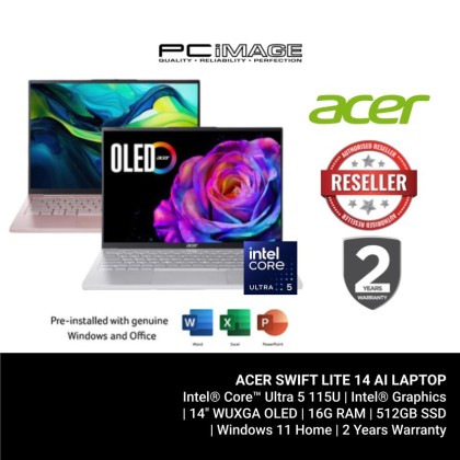 ACER SWIFT LITE 14 AI SFL14-54M-51GA/56QN CORE ULTRA 5 115U/16GB D5(OB)/512GB G4/INTEL/14" WUXGA OLED/W11H/HOME24/2YW(1STYITW) Laptop ACER SWIFT LITE 14 AI SFL14-54M-51GA/56QN CORE ULTRA 5 115U/16GB D5(OB)/512GB G4/INTEL/14" WUXGA OLED/W11H/HOME24/2YW(1STYITW) Laptop